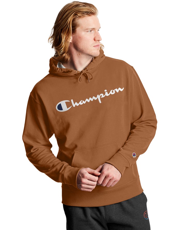 Champion Herre Hættetrøje Brune - Powerblend Fleece Script Logo - Danmark JTM-470985